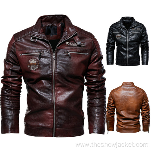 Custom Logo Fleece Lined Leather Jacket Mens
